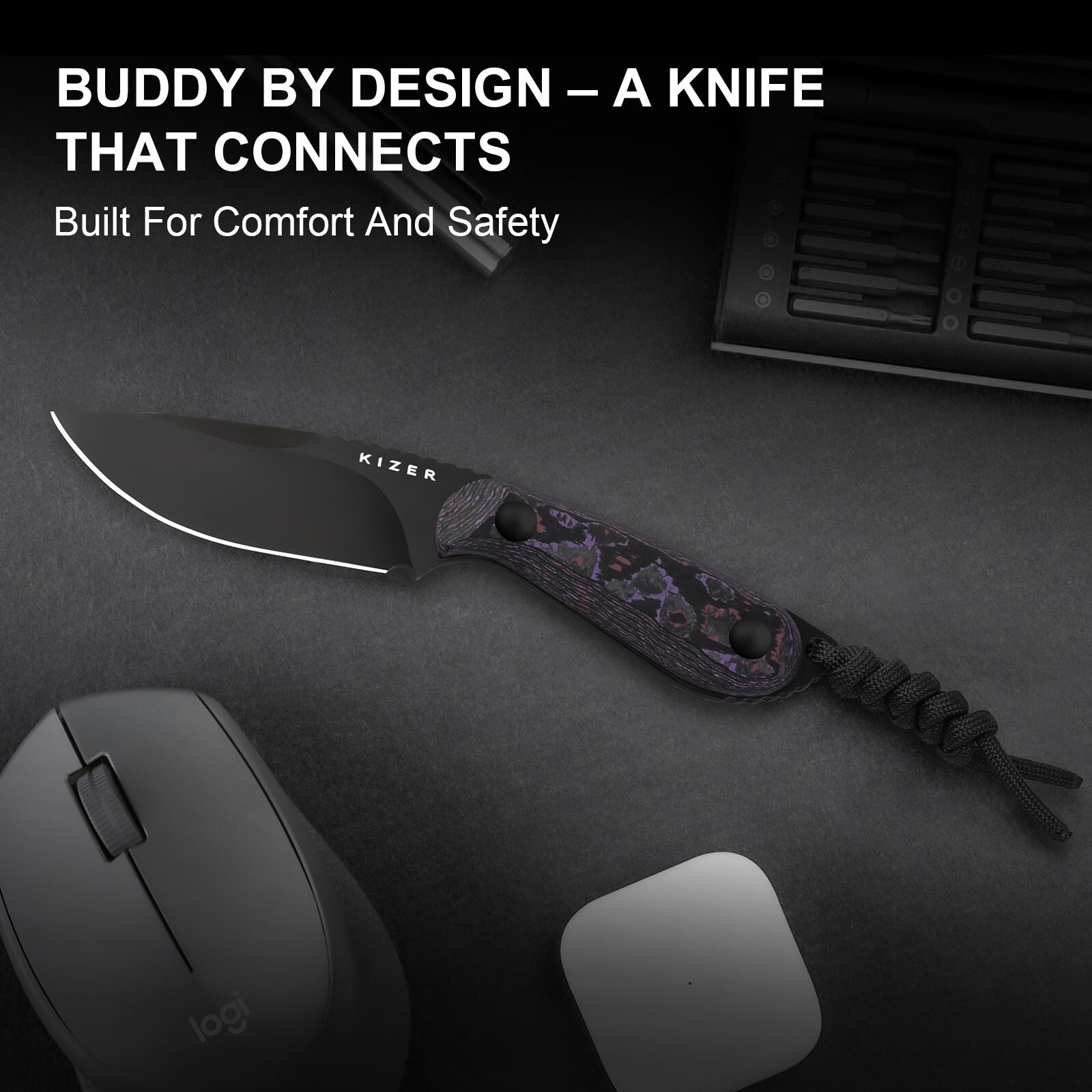 Kizer Buddy Fixed Knife Compact 4V Blade Fat Carbon Purple Haze Handle 1081A10