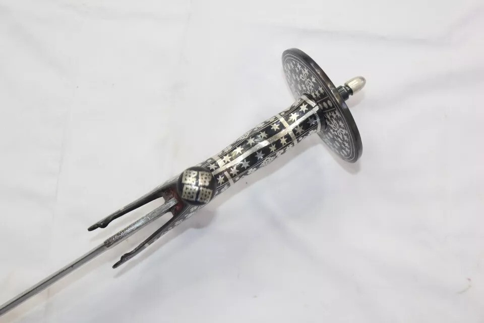 Straight sword religious sikh damascus steel blade silver wire work handle W706