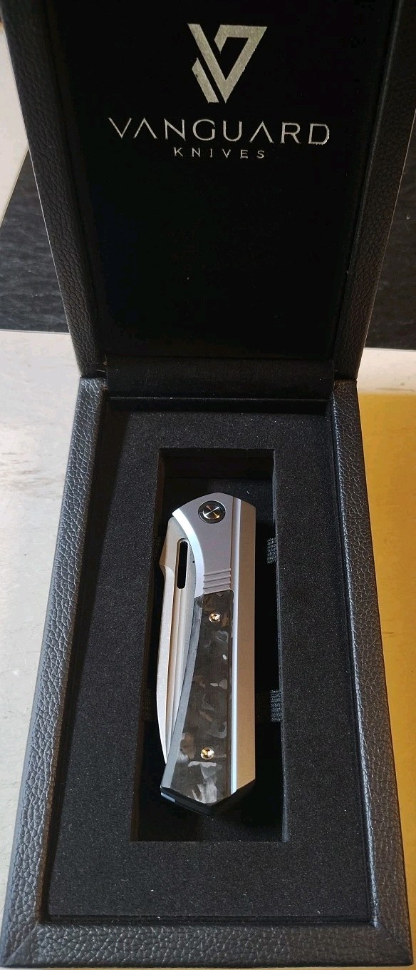 New Vanguard Continuum Framelock 3.4″ M390 SW Drop Point Blue Ti & CF Handle