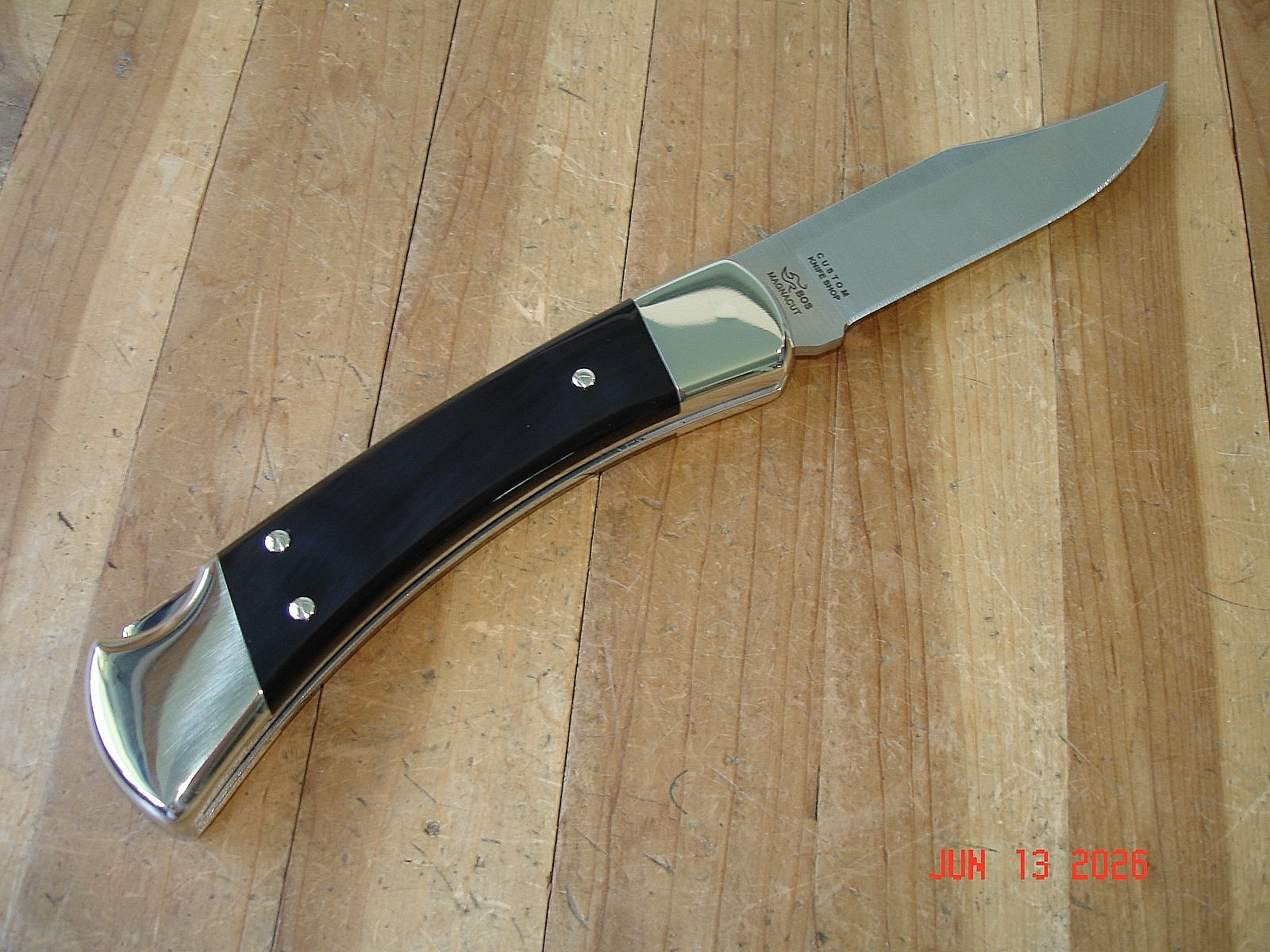 NIB BUCK KNIFE 110 HUNTER BOS MAGNACUT BLADE BLACK BUFFALO HANDLE NICKEL SILVER