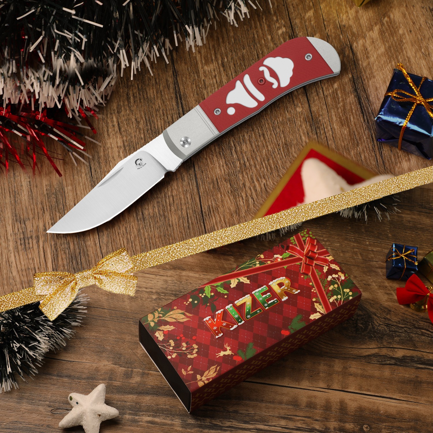 Kizer Trestle Christmas Folding Pocket Knife 14C28N Blade Aluminum & G10 Handle