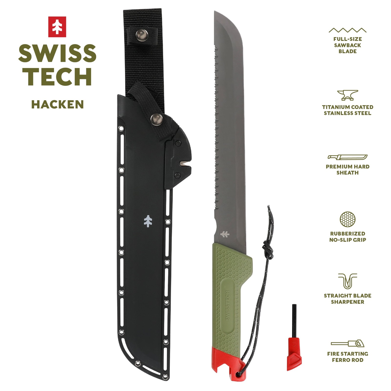 Swiss Tech 18-inch Sawtooth Machete, Titanium-Coated Stainless Steel Blade