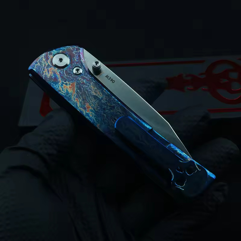 New TC4 Titanium Custom Anodized Blue Flame Pattern Handle Folding Pocket Knife