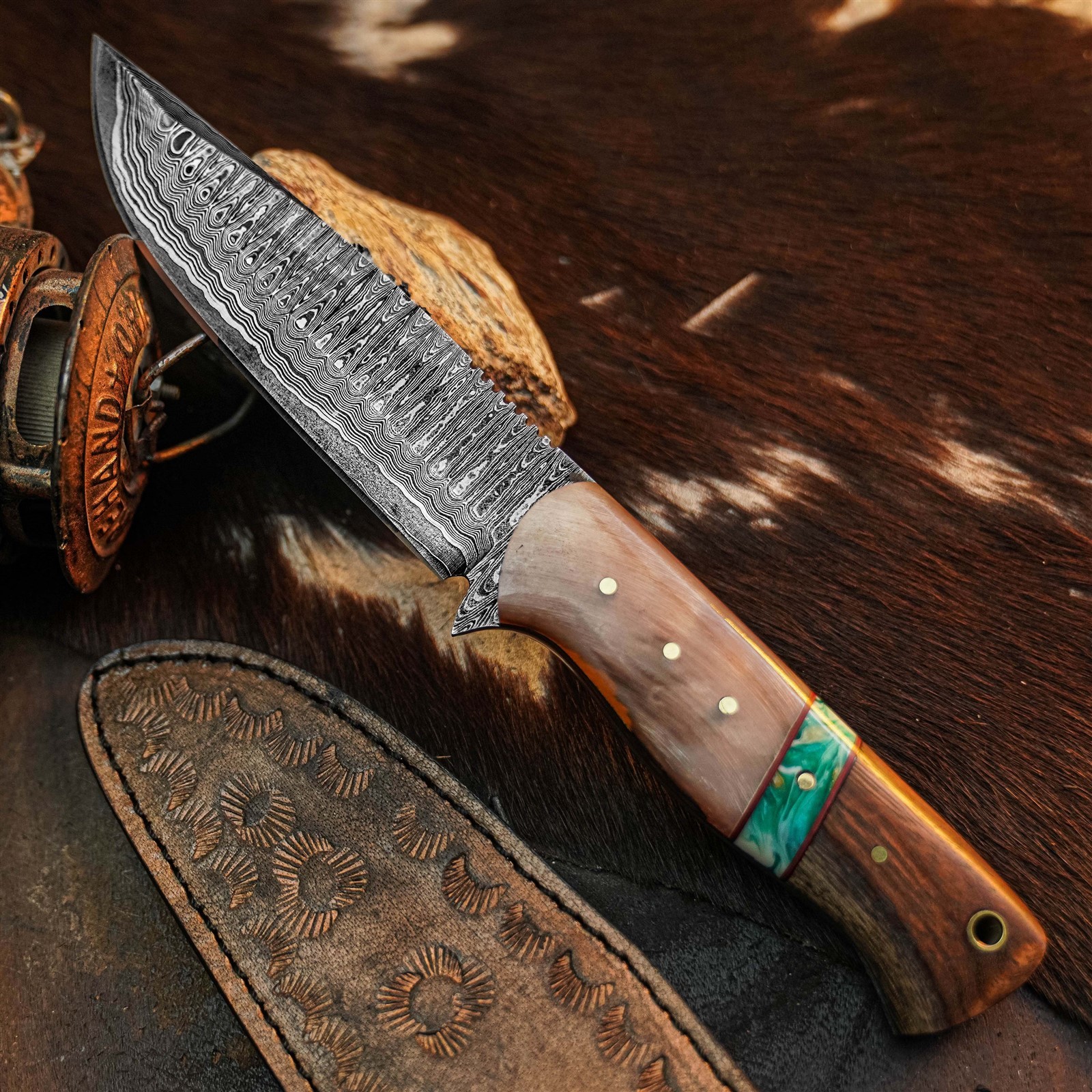 9.4″ Damascus Camping EDC Knife Full Tang Horn Handle Fix Blade + Sheath