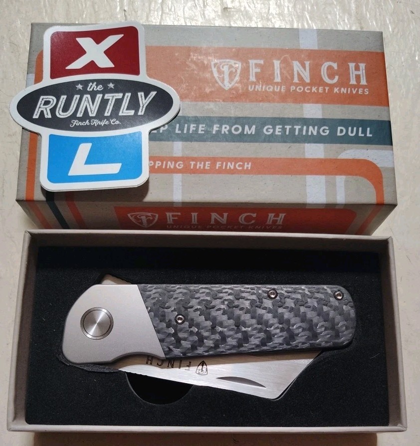 Finch Knife Co RUNTLY XL Dark Side Flipper 3.15″ M390 Wharnie Ti w/CF Handle