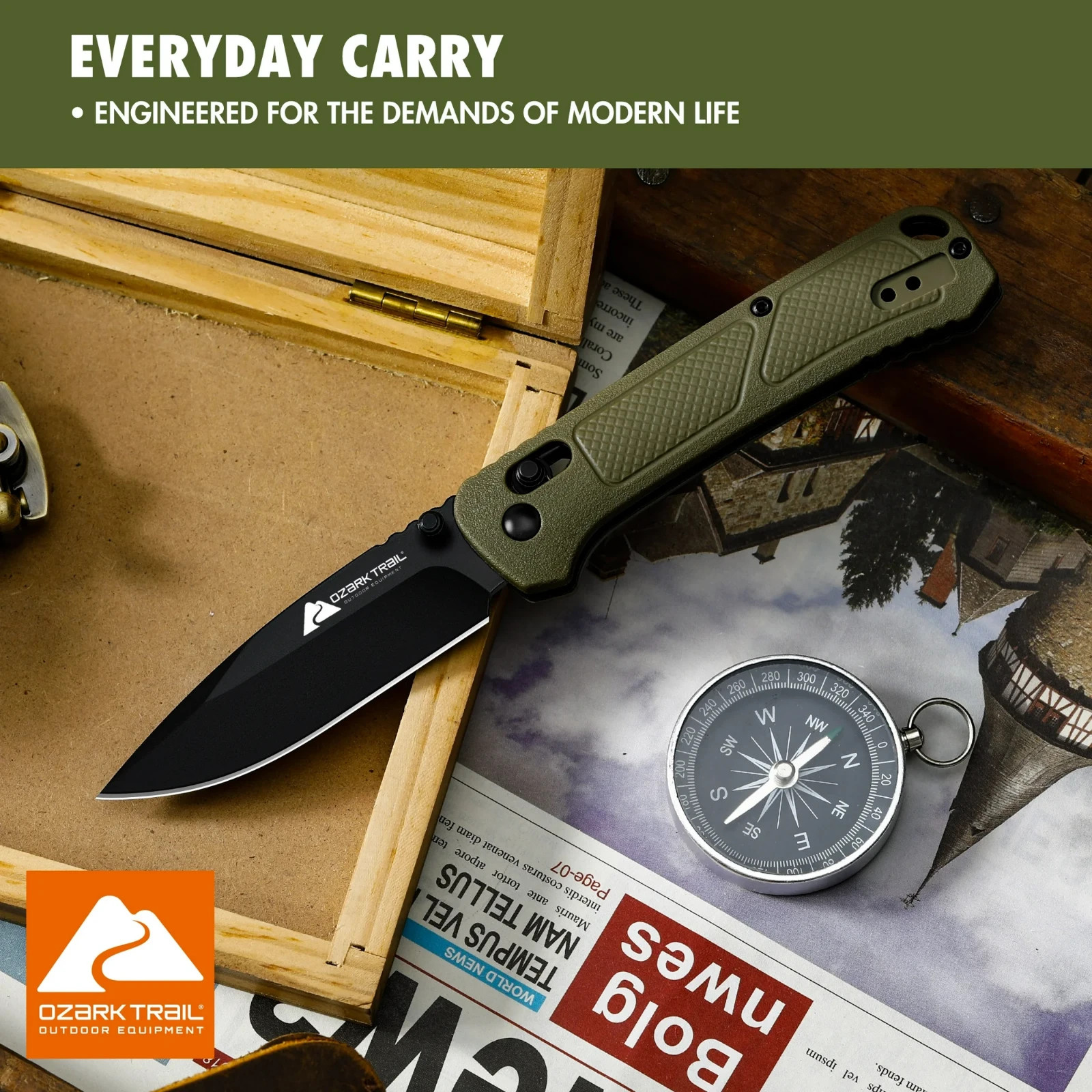 Ozark Trail 7.5 inch Folding Knife,D2 Blade,Ball Bearing,OD Green Handle, Slide