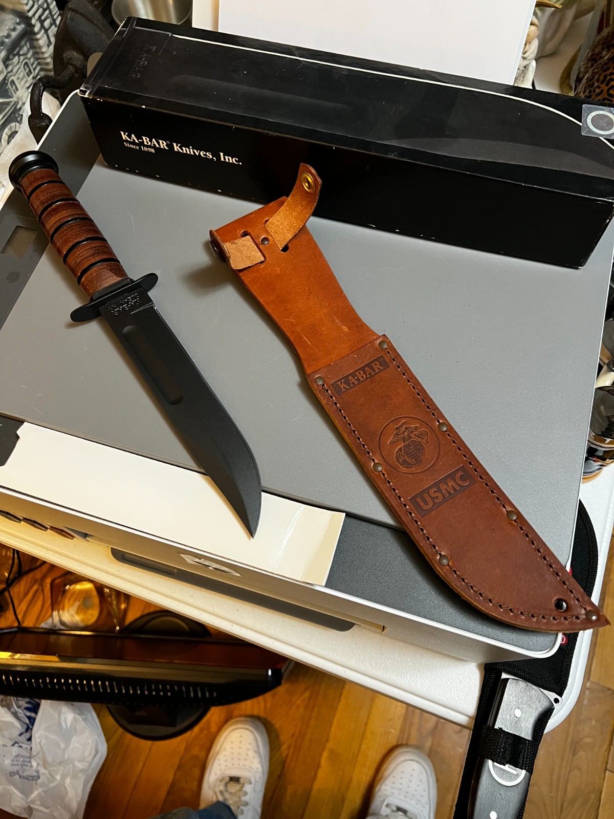 KA-BAR 1217 USMC-Brown-Str fixed blade knife with leather sheath Made in USA