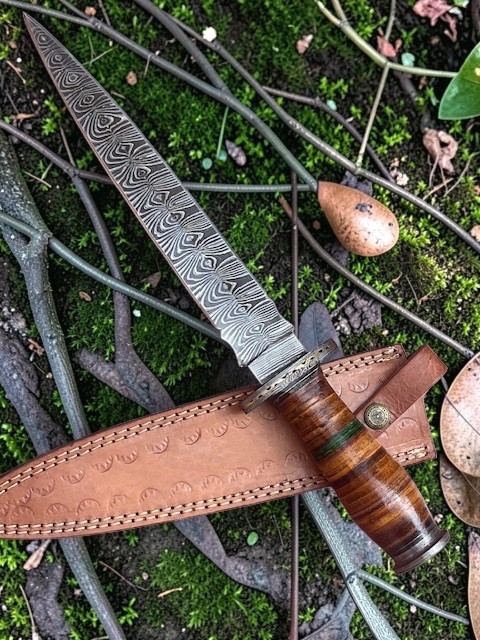 Custom Handmade Damascus Steel 15 Inches Dagger Knife – Leather Handle w Brass