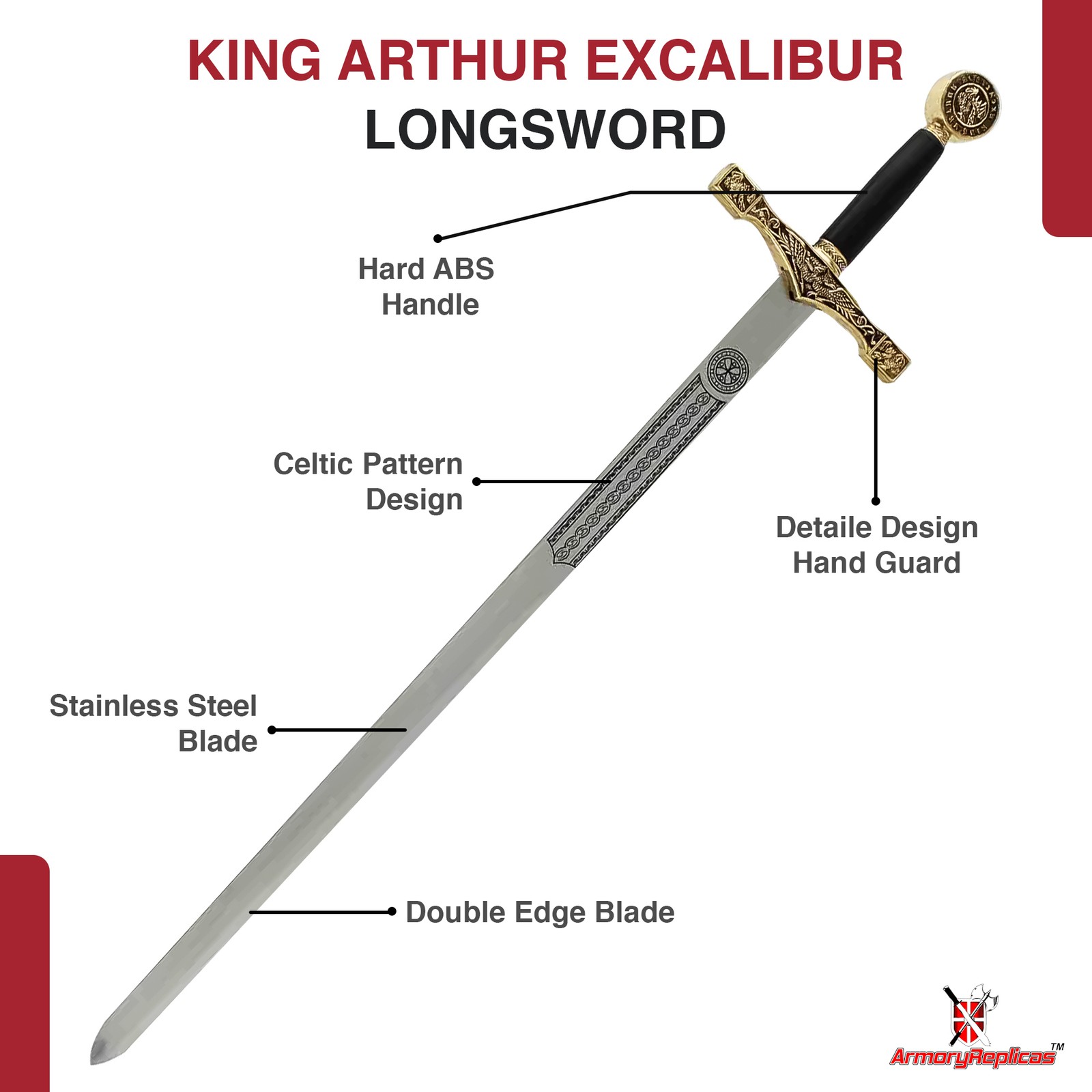King Arthur Excalibur Longsword – Replica Medieval Knights Sword Gold-Anodized