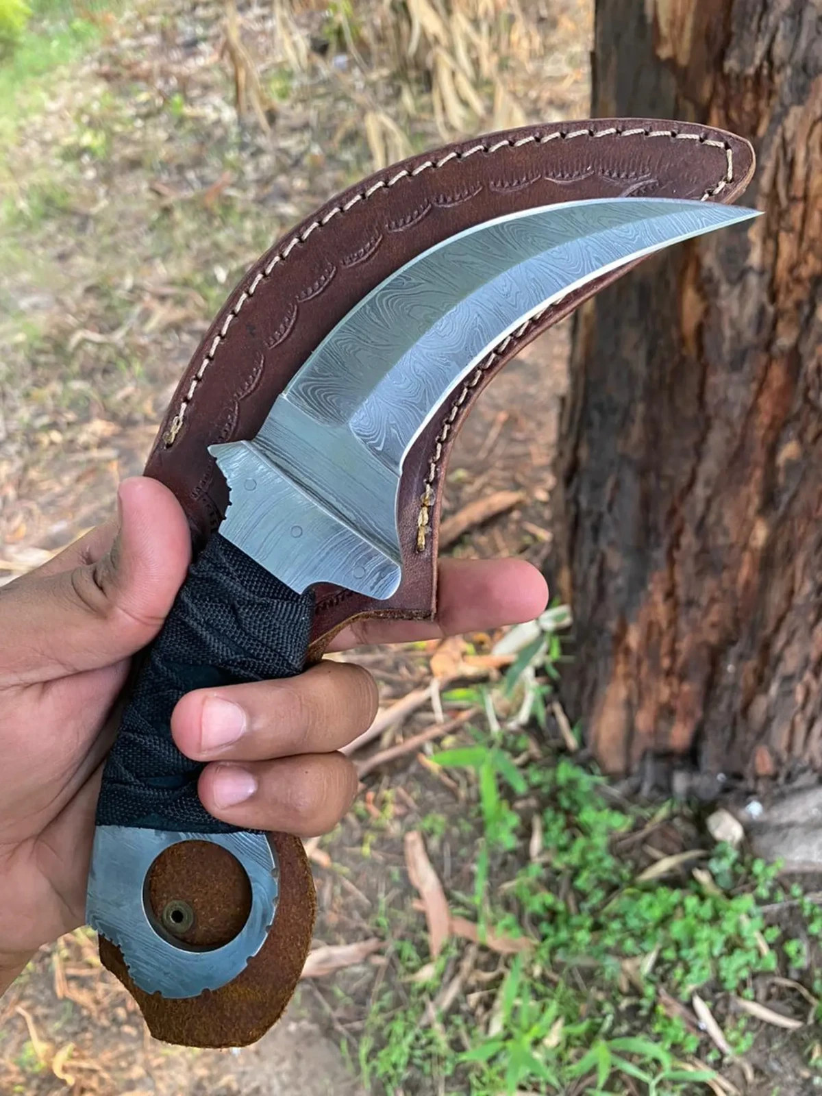 Custom Handmade Damascus Steel Karambit knife w cord wrapped handle & Sheath