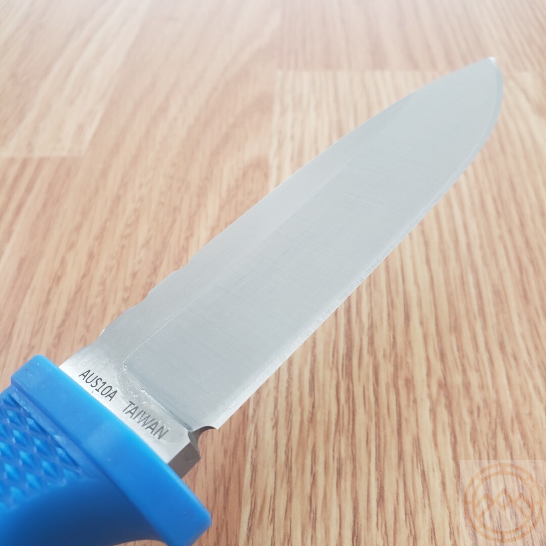 Demko Fixed Knife 5″ AUS-10A Steel Drop Point Blade Blue Checkered Rubber Handle