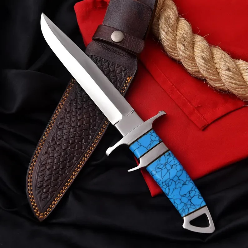 HANDMADE D2 STEEL SUB-HILT KNIFE | BLUE TURQUOISE HANDLE |GENUINE LEATHER SHEATH