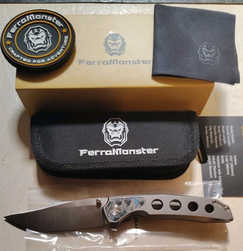 New FerraMonster Valken 3.5″ M390 Belt Satin Clip Pt Titanium w/Fat Carbon Inlay