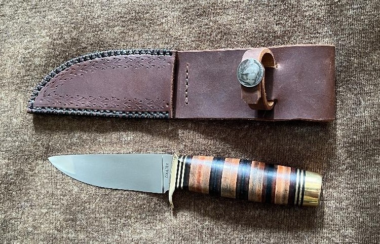 Handmade Straight Edge Hunting Knife: 440c Stainless Steel, Stacked Leather Grip