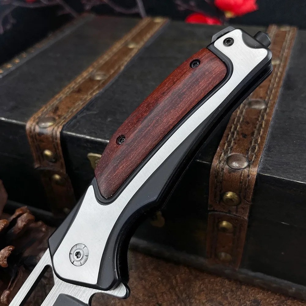 8.2”Wood Black Tactical Spring Assisted Open Blade Folding Pocket Knife Hunting