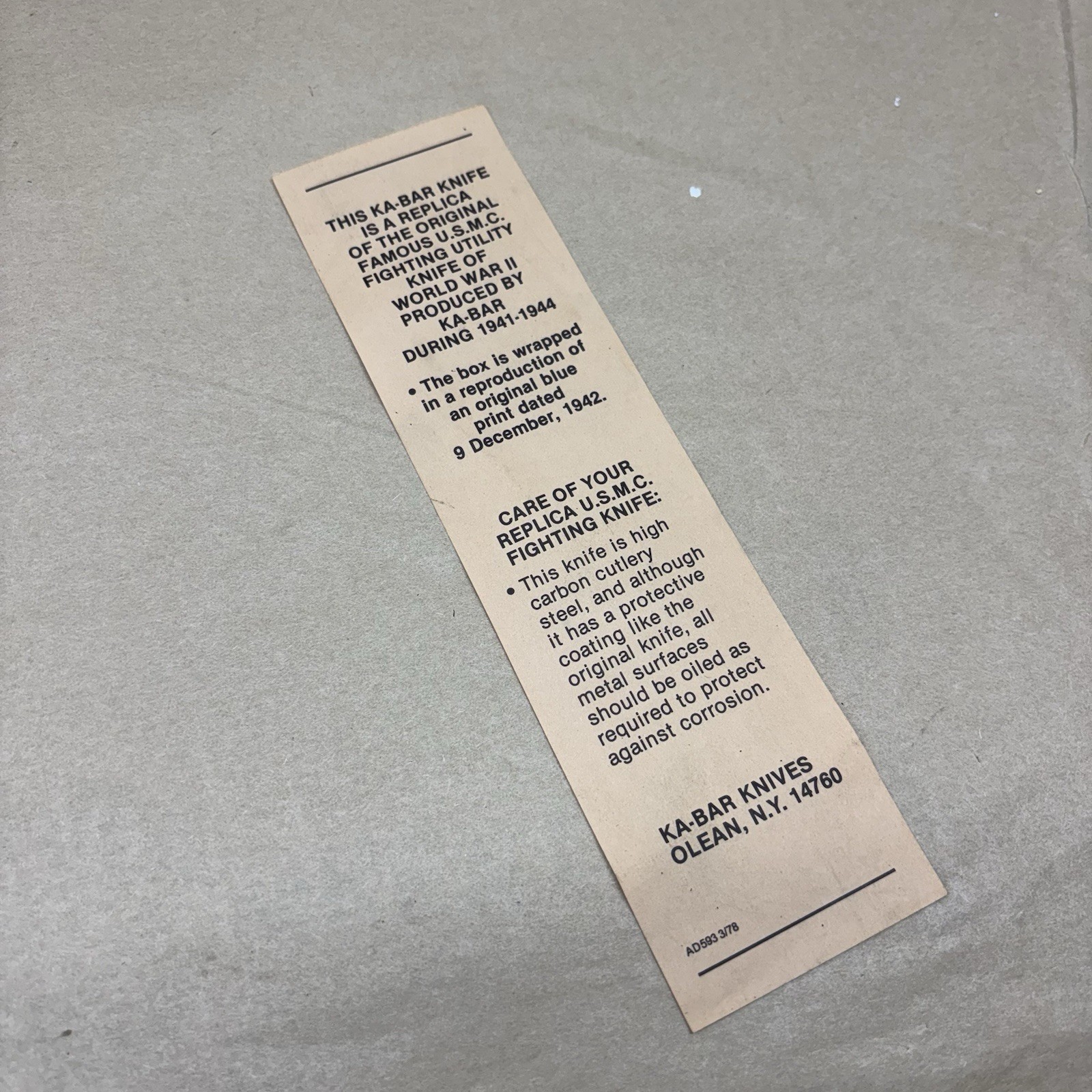 1998 KA-BAR Olean NY #1217 USMC Fighting Knife *BOX ONLY*
