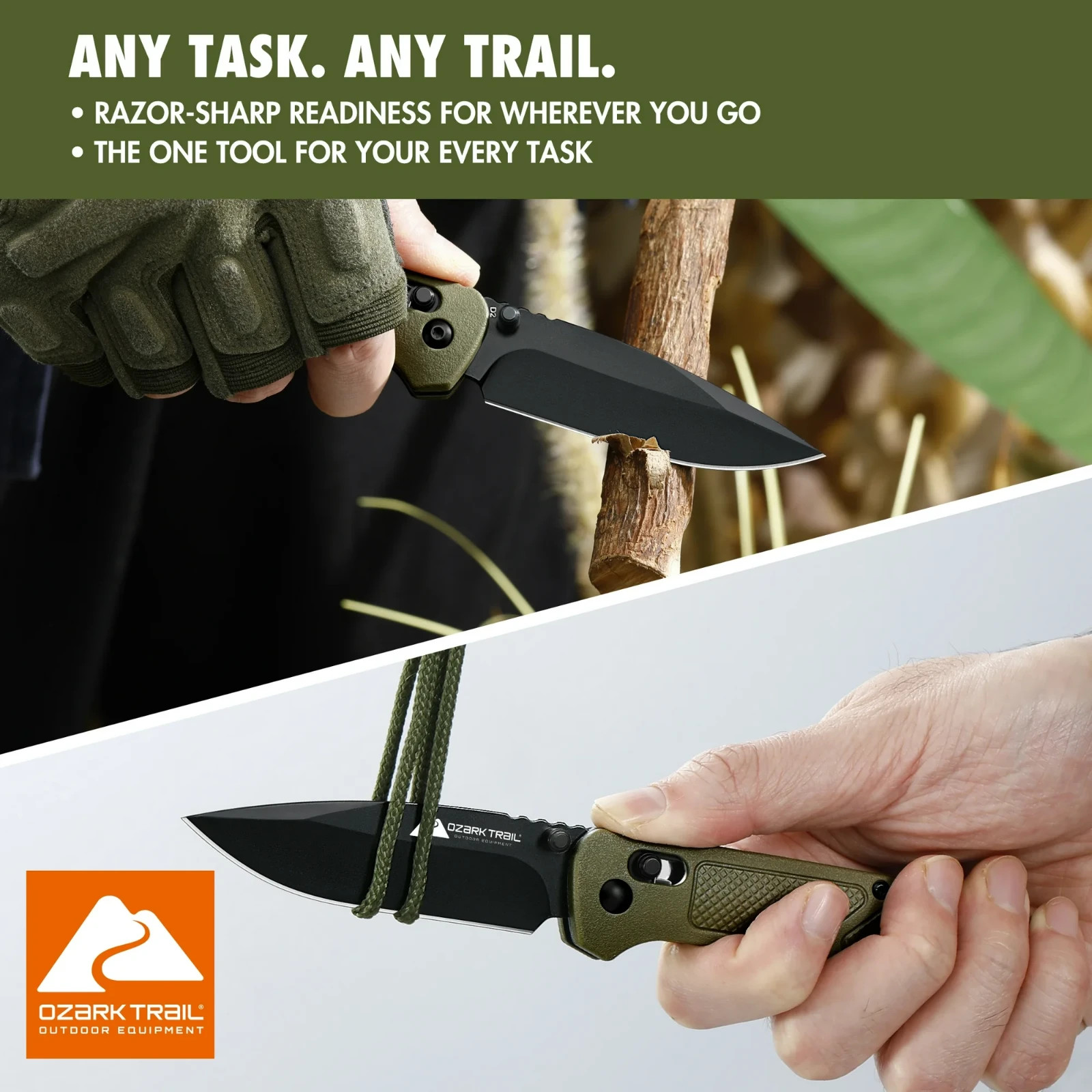 Ozark Trail 7.5 inch Folding Knife,D2 Blade,Ball Bearing,OD Green Handle, Slide