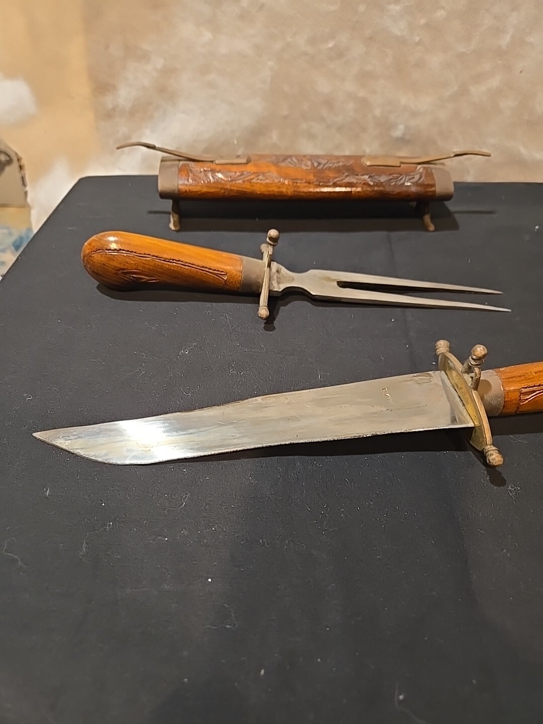 Vintage Indian Carving Knife and Fork set wooden carved wood and brass trim