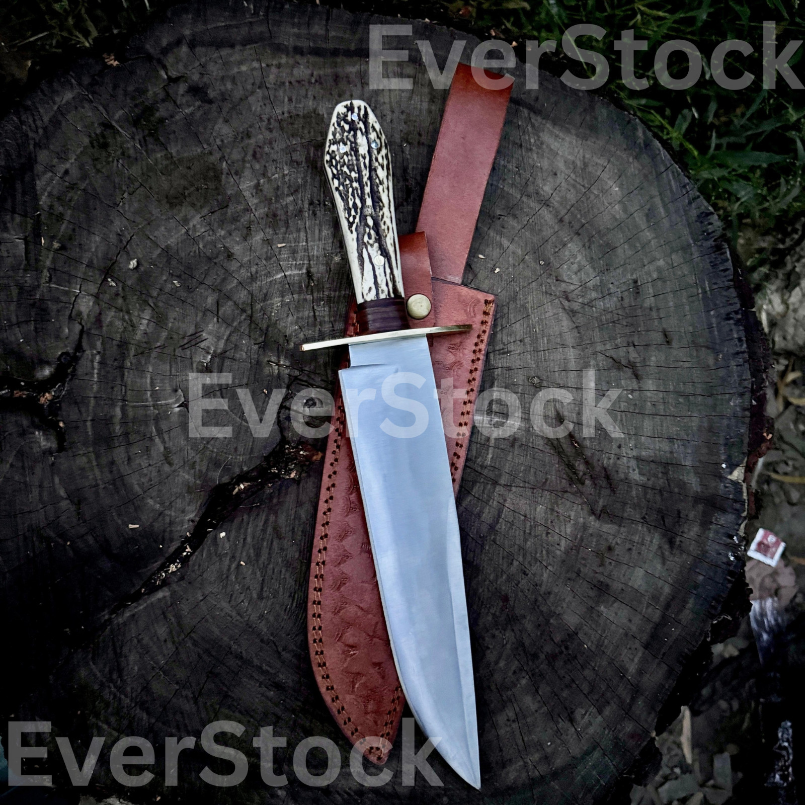 HANDMADE COFFIN HANDLE BOWIE HUNTING KNIFE WITH ANTLER HANDLE WITH LEATHER SHETH