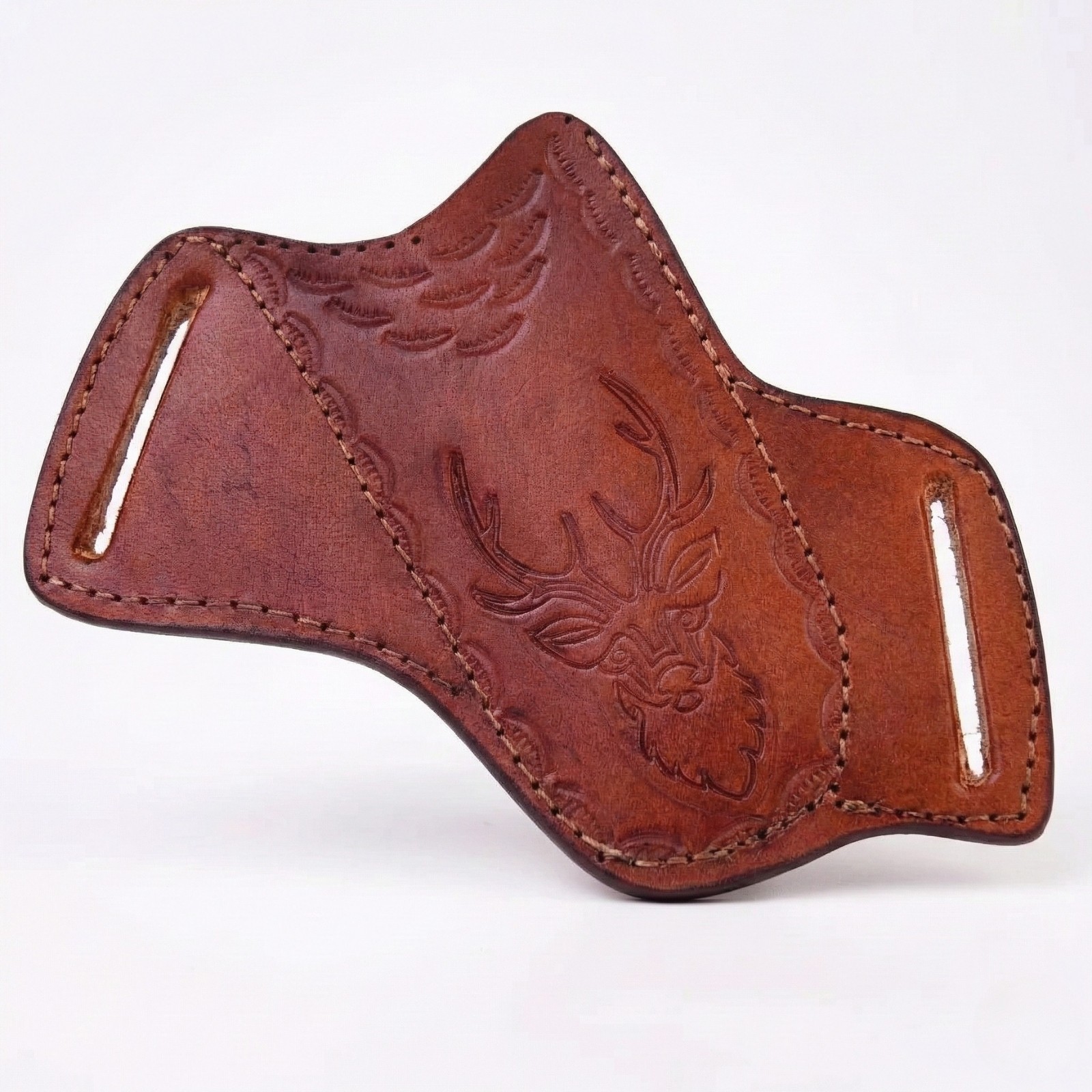 SK CUSTOMS Signature Leather Pancake Knife Sheath Hand-Tooled Stag Design Brown
