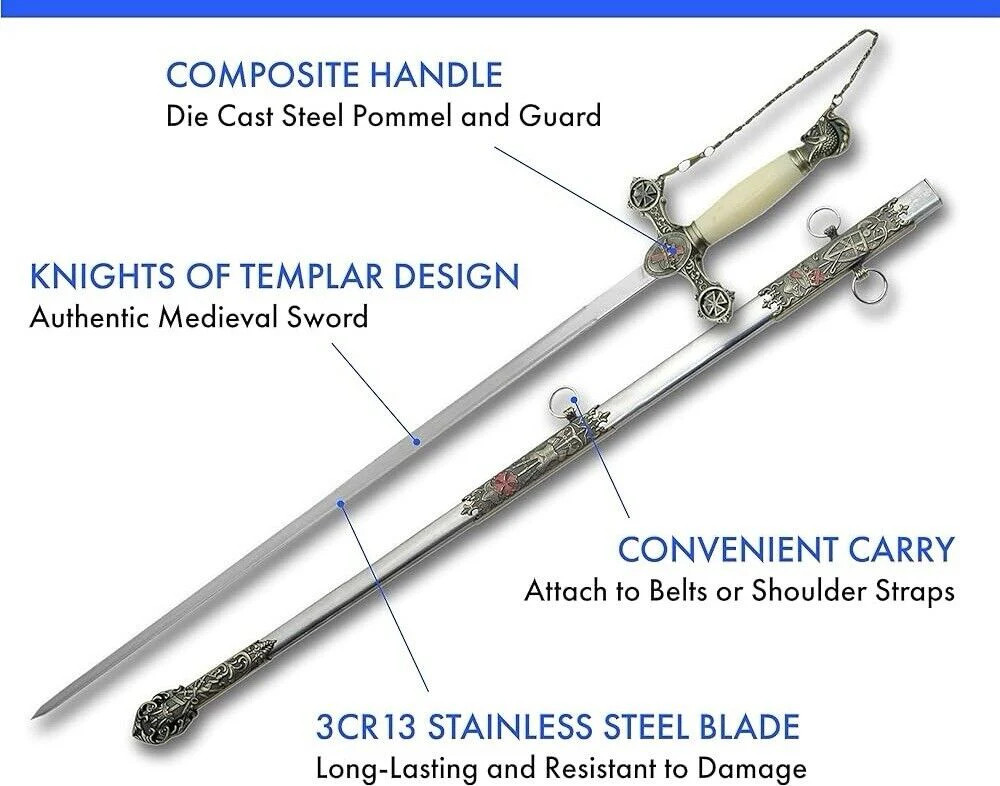 37” Knights Of Templar Crusader Sword Steel Scabbard Ornate Medieval Sharp