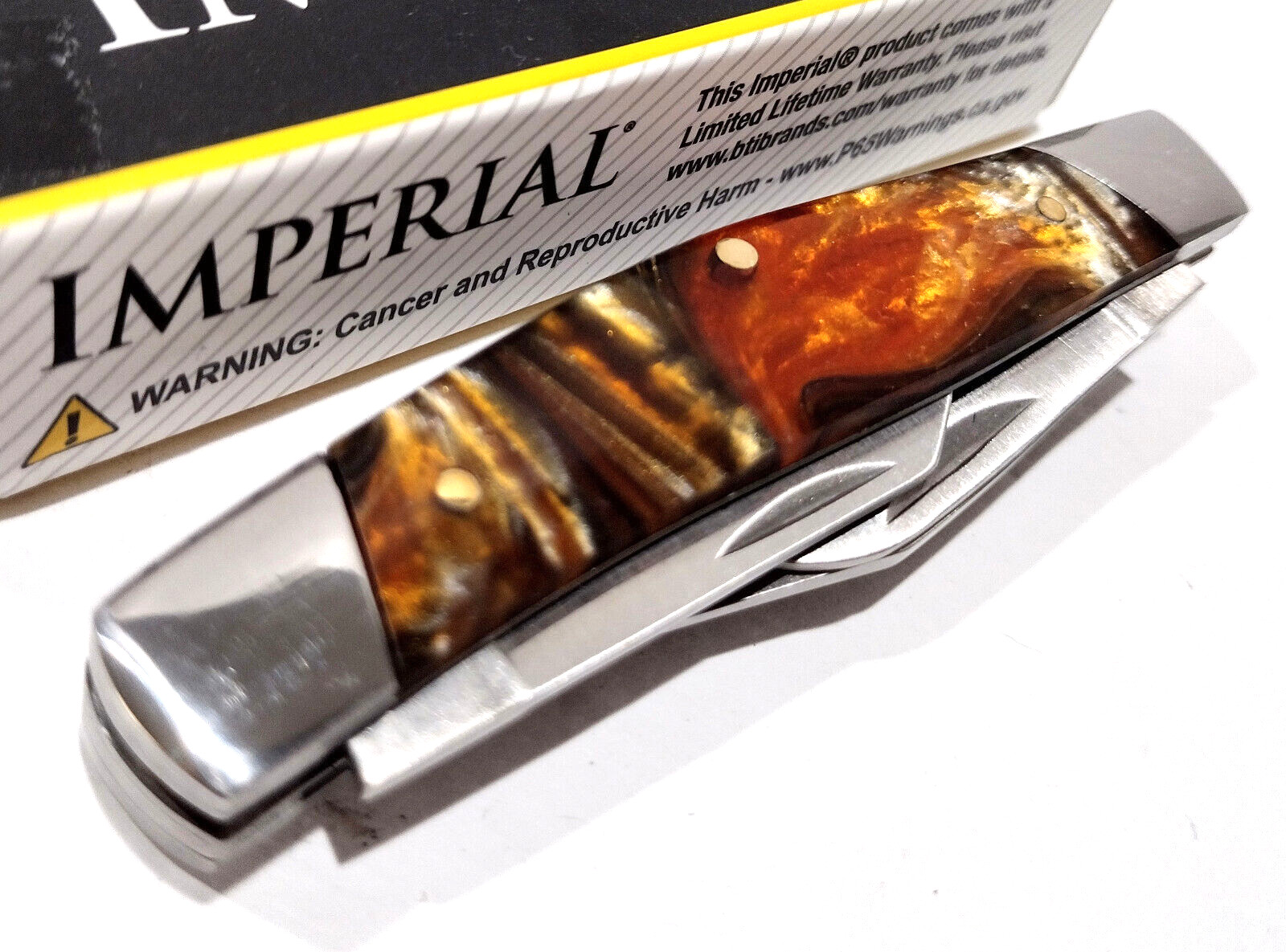 Imperial Schrade Amber Celluloid Small 3 Blade Stockman Folding Pocket Knife