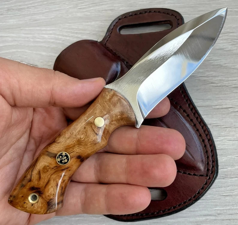 Hunting Knife 1075 Carbon Steel & Rosewood Handle Made Camping Knife with Leathe