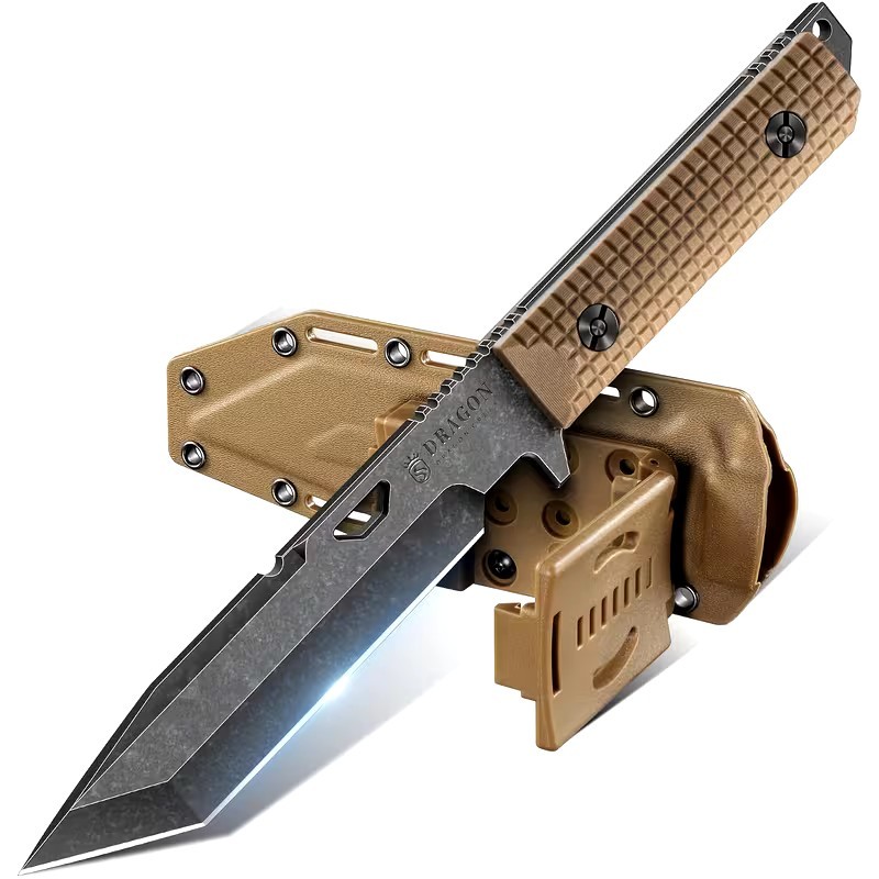 New 11″ Fixed Blade Tactical Knife Custom Design Tanto Blade Deluxe Sheath Tan