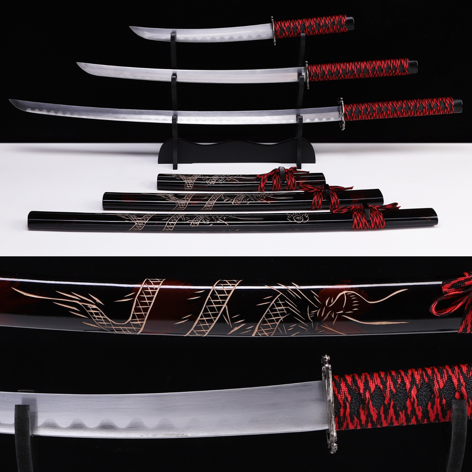 Three Piece Dark Red Samurai Sword Set, 1060 High Carbon Steel Katana Full Tang