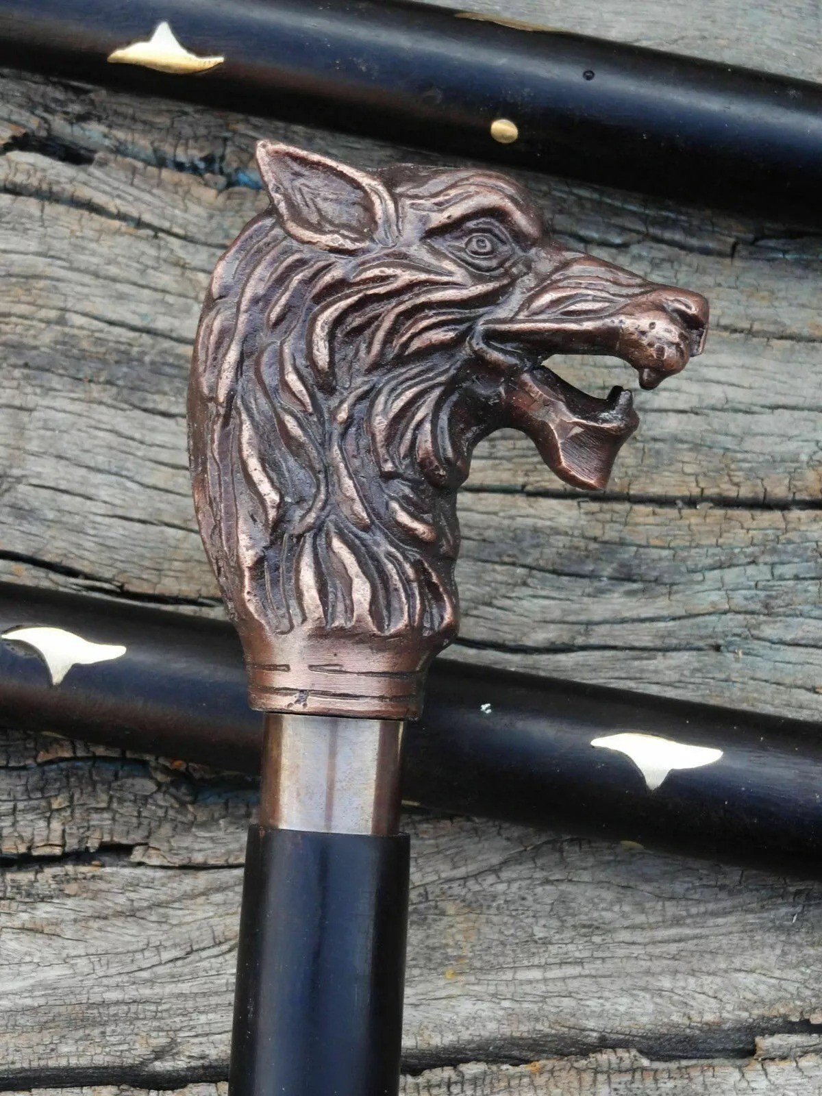 Handmade Walking Stick Wolf Head Antique Brass Handle Wooden Cane Vintage Decor
