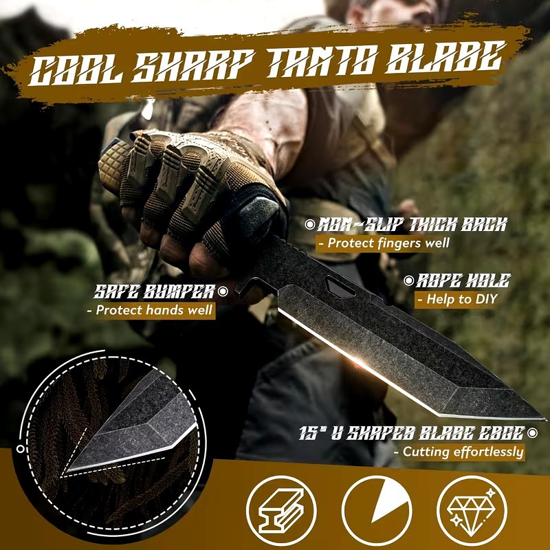 New 11″ Fixed Blade Tactical Knife Custom Design Tanto Blade Deluxe Sheath Tan