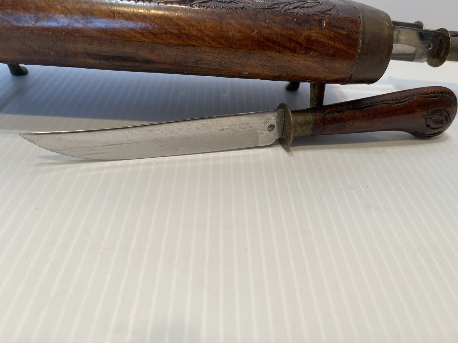Antique Indian Hand Carved Wooden Case & Six Stainless Steel Wood Handle Knives.