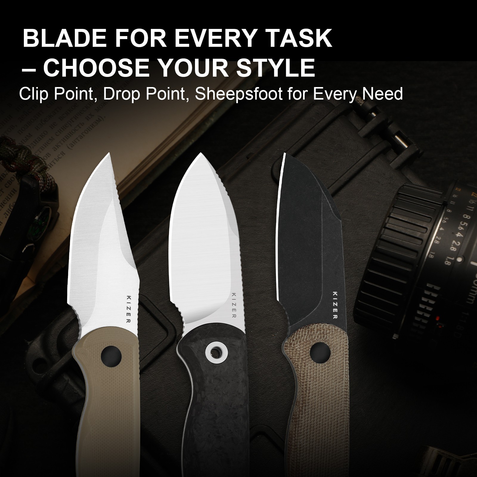 Kizer Drop Bear Fix Drop Point Fixed Knife M390 Blade Carbon Fiber Handle+Sheath