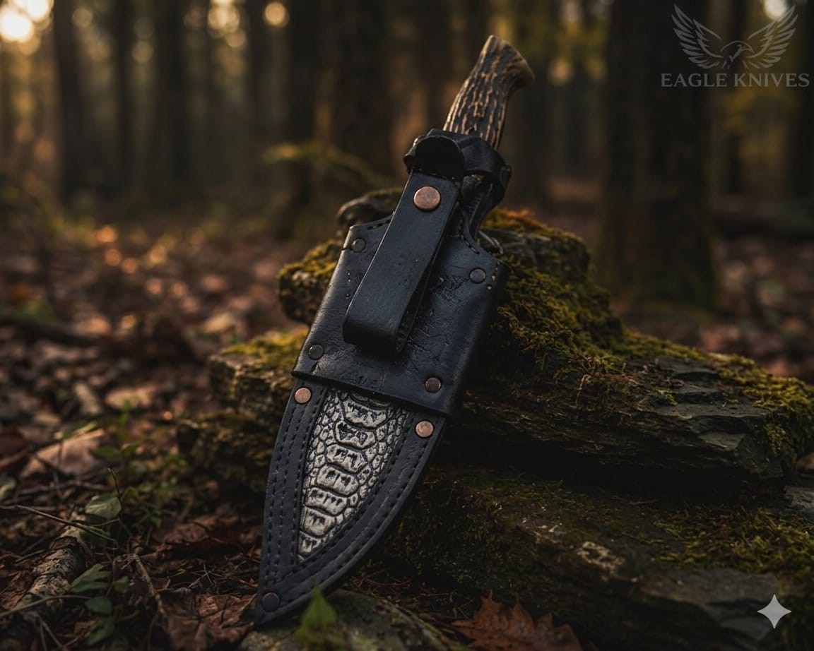 Custom Handmade Damascus Steel Copper Pattern Blade Hunting Stag Knife W/Sheath