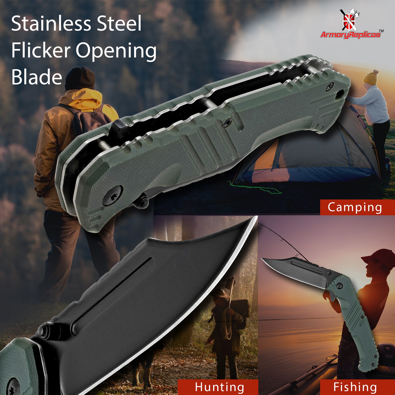 Ranger Assisted Tac Knife | Black Blade G-10 Green Composite Handle Clip Point
