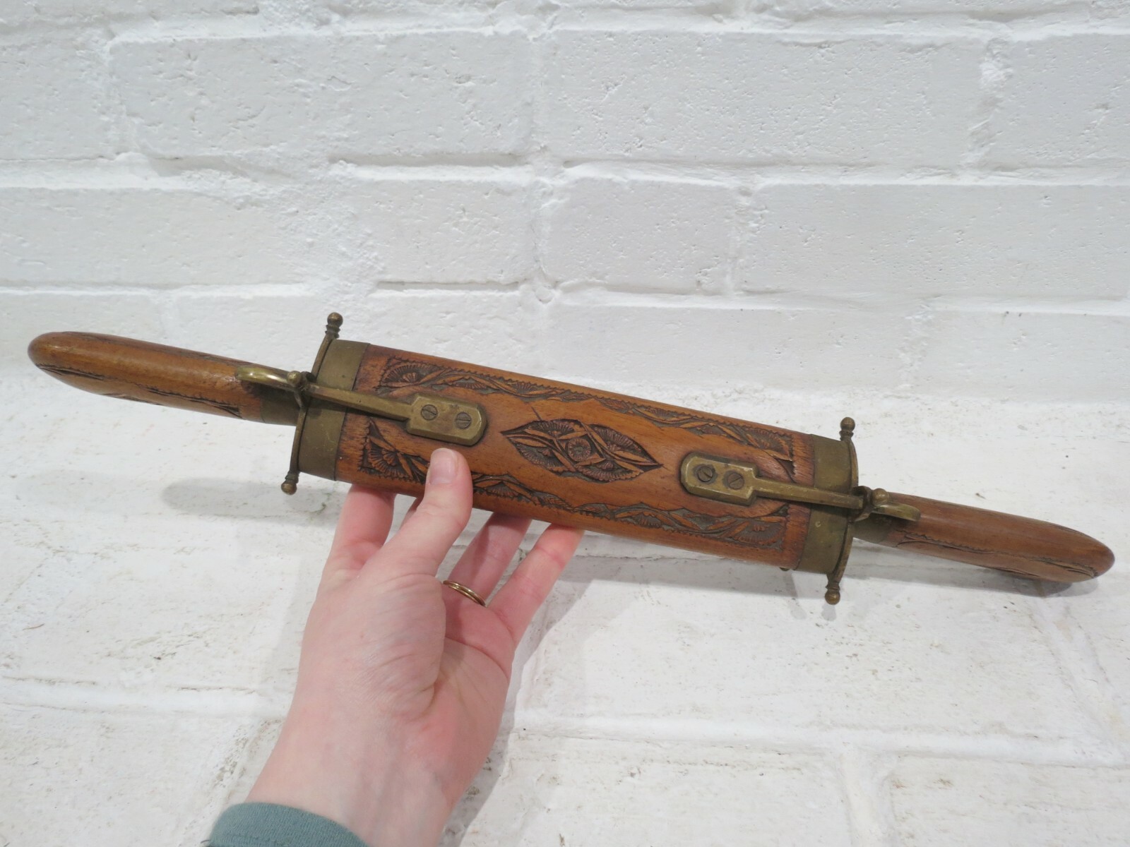 Vintage Carving Knife and Fork w/ Wooden Sheath India Brass Ornate Utensils Set