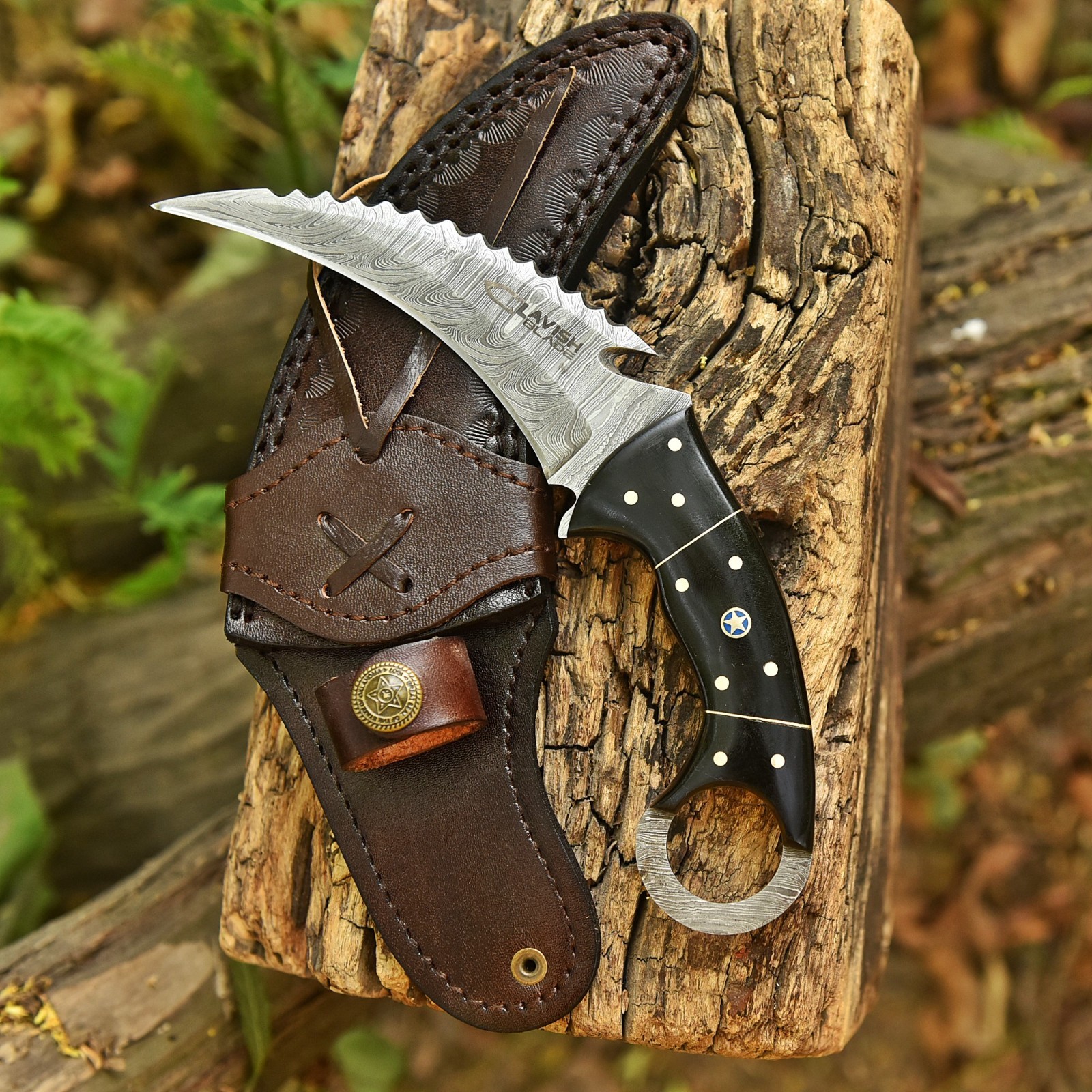 Handcrafted Damascus Karambit Knife Black Wood Hunting Survival Custom Sheath