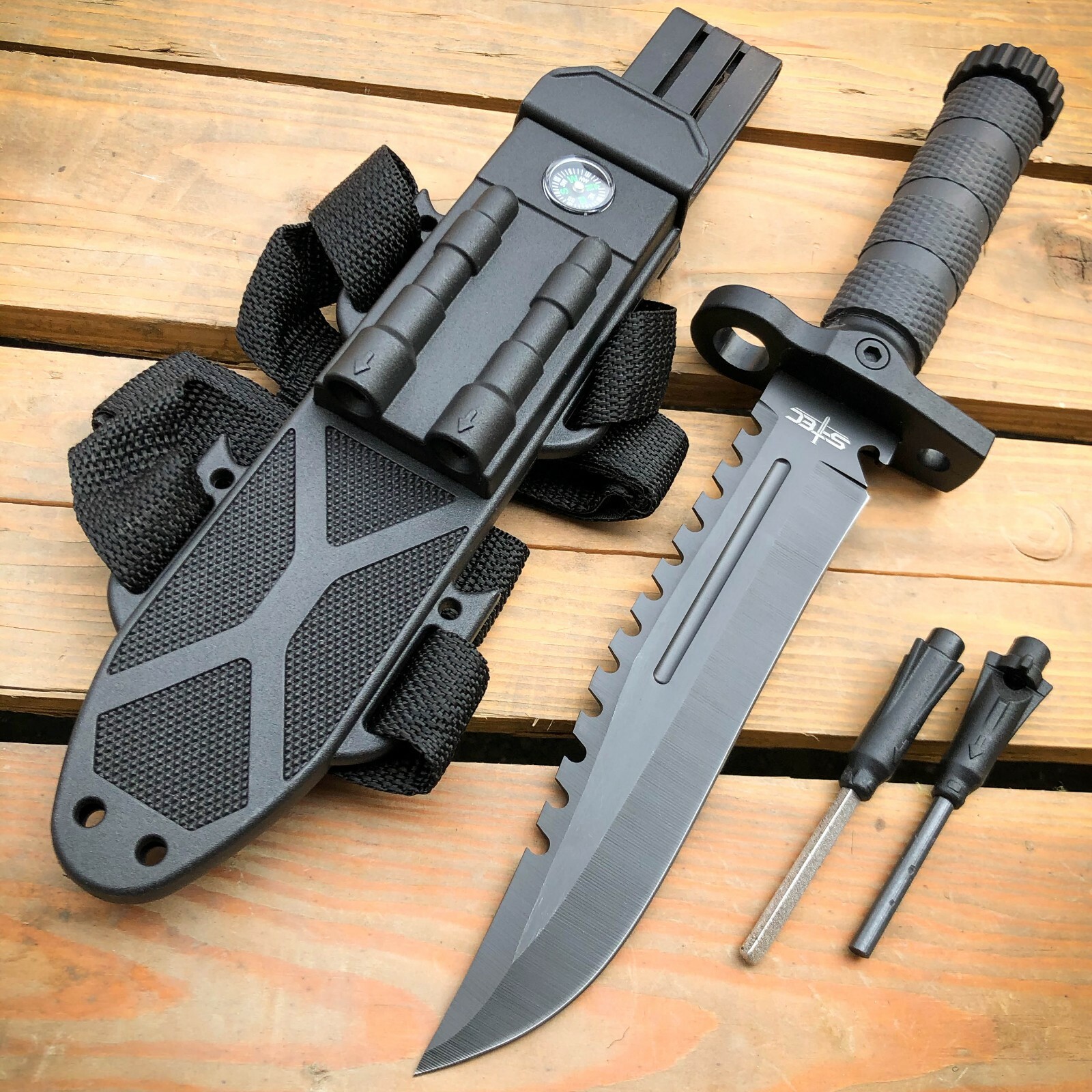 12.5″ MILITARY TACTICAL Hunting FIXED BLADE Army SURVIVAL Knife + Fire Starter