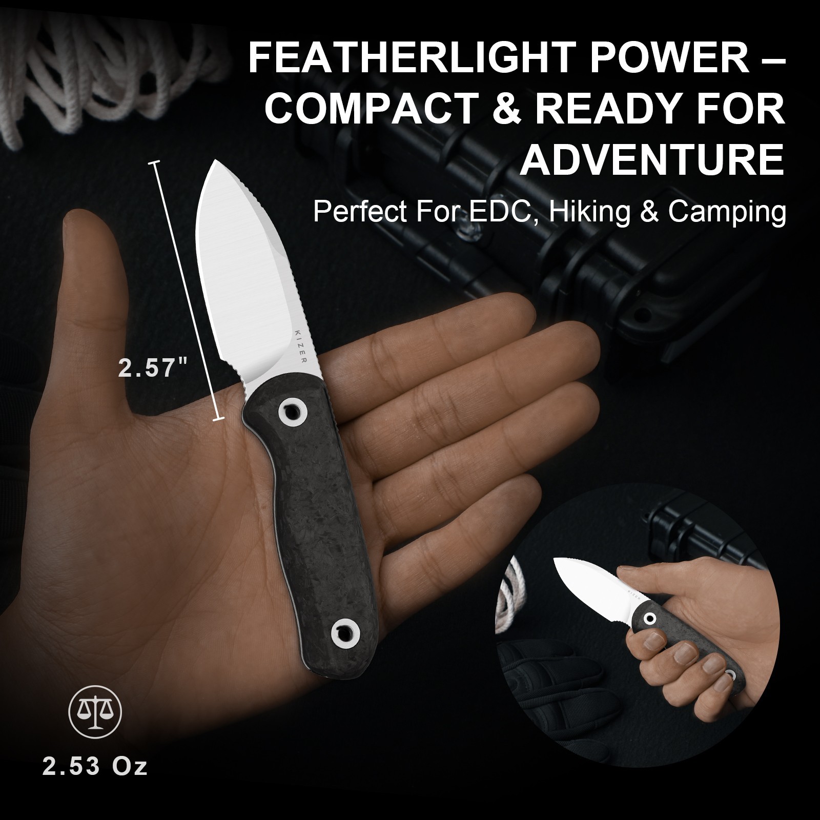 Kizer Drop Bear Fix Drop Point Fixed Knife M390 Blade Carbon Fiber Handle+Sheath