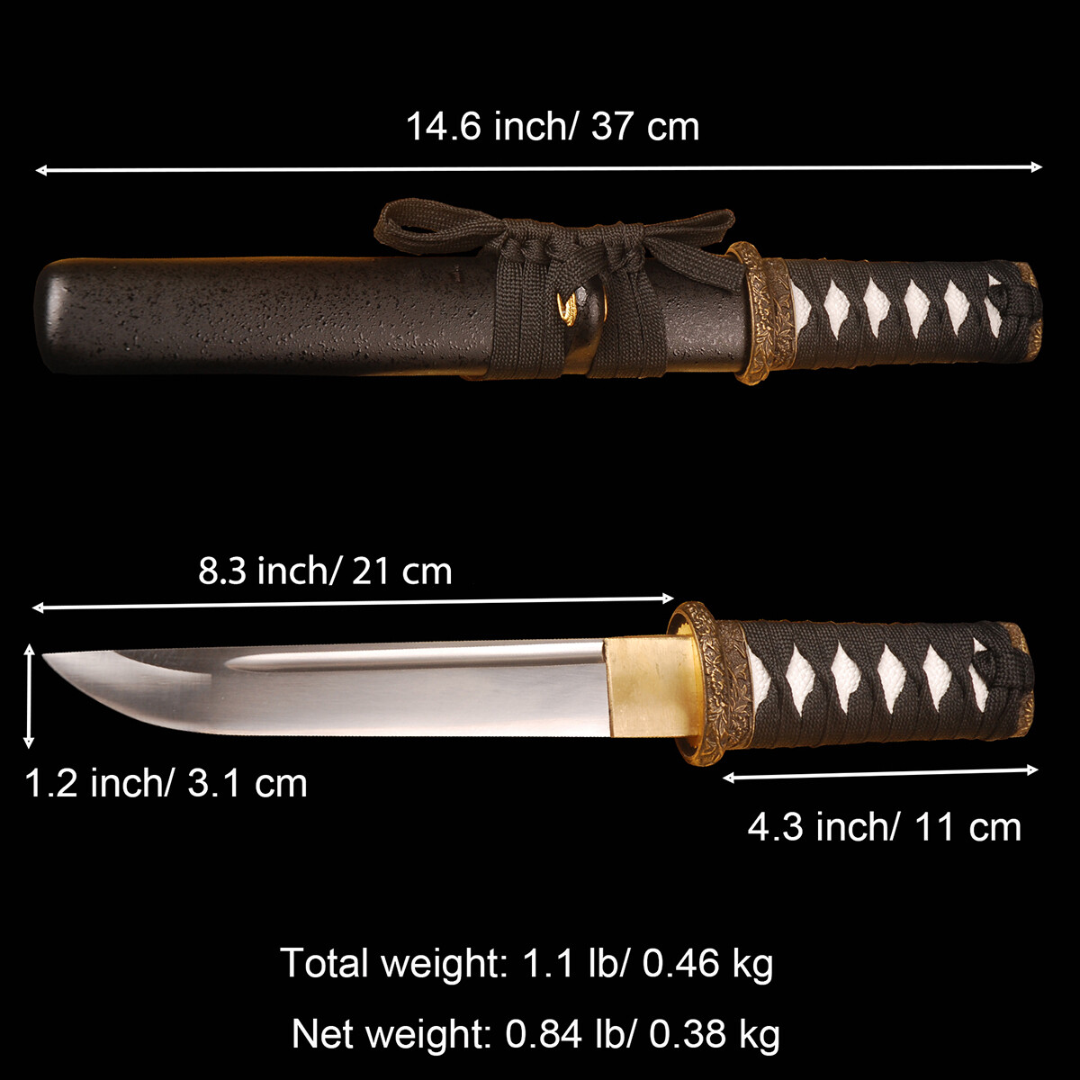 16» Handmade Sharp Short Knife Black Japanese Samurai Tanto Sword Self-defense