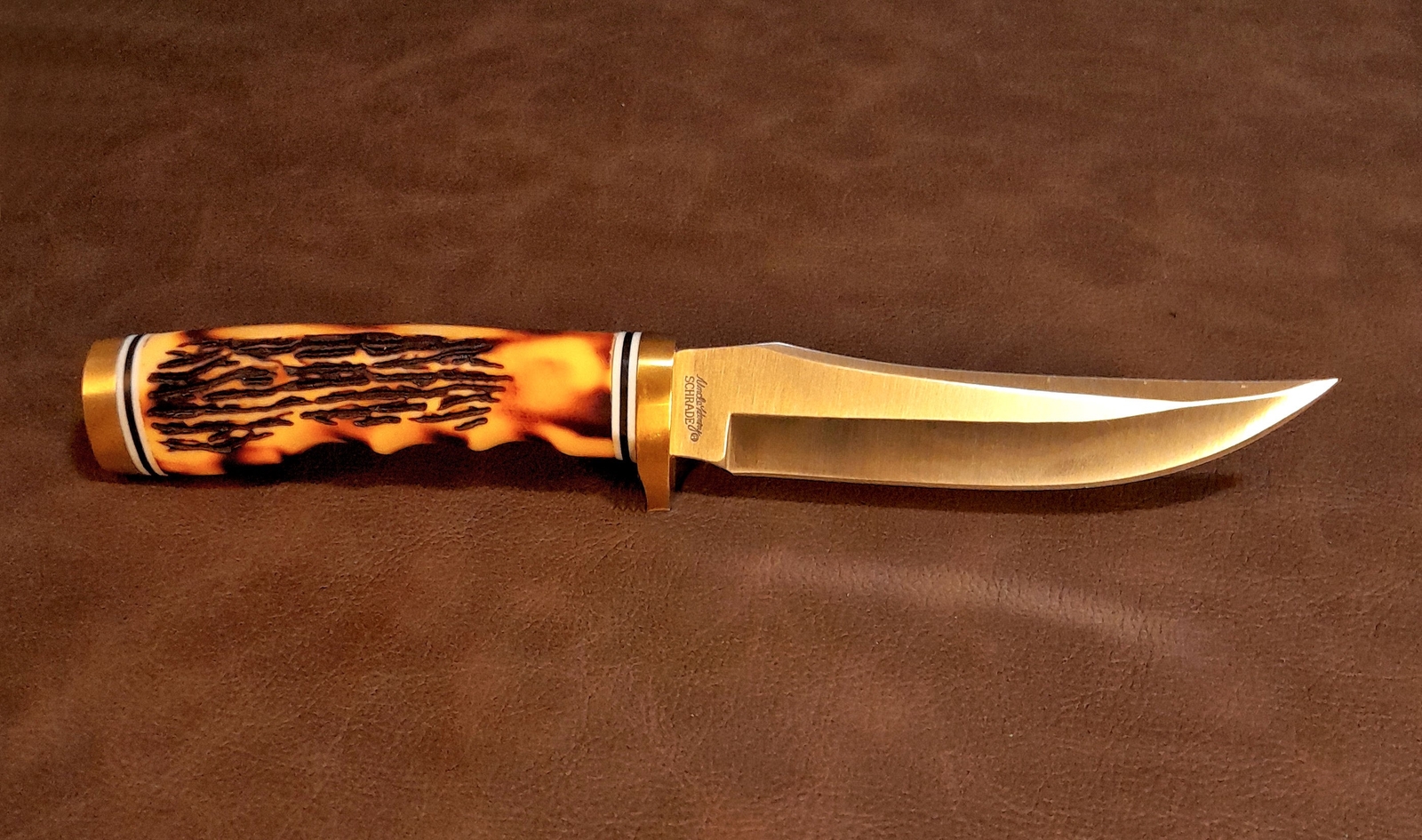 9 1/2″ Schrade Uncle Henry Golden Spike Knife w/Sheath, Stone & Staglon Handle