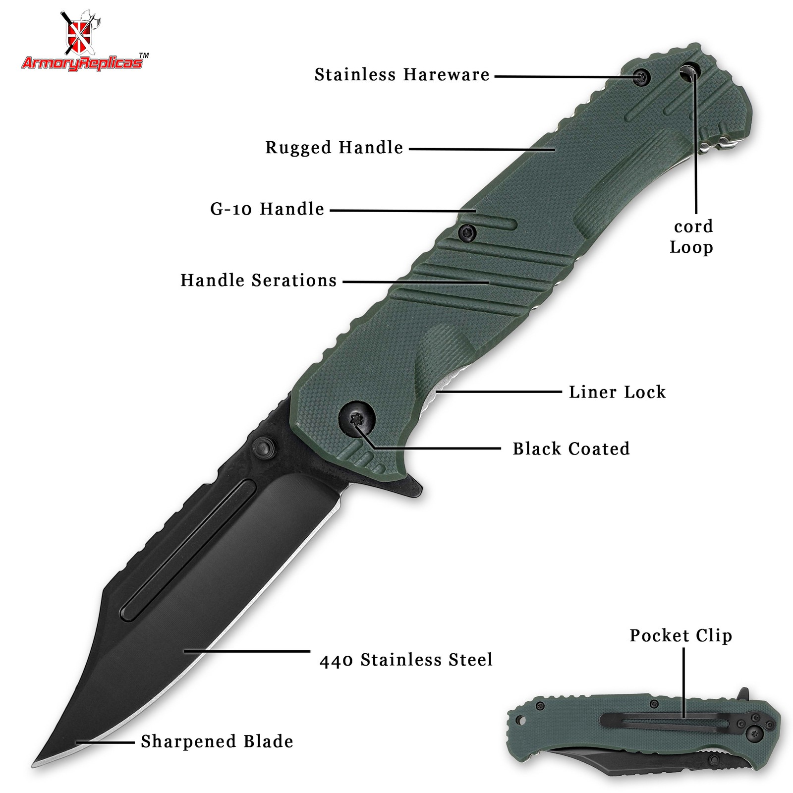 Ranger Assisted Tac Knife | Black Blade G-10 Green Composite Handle Clip Point