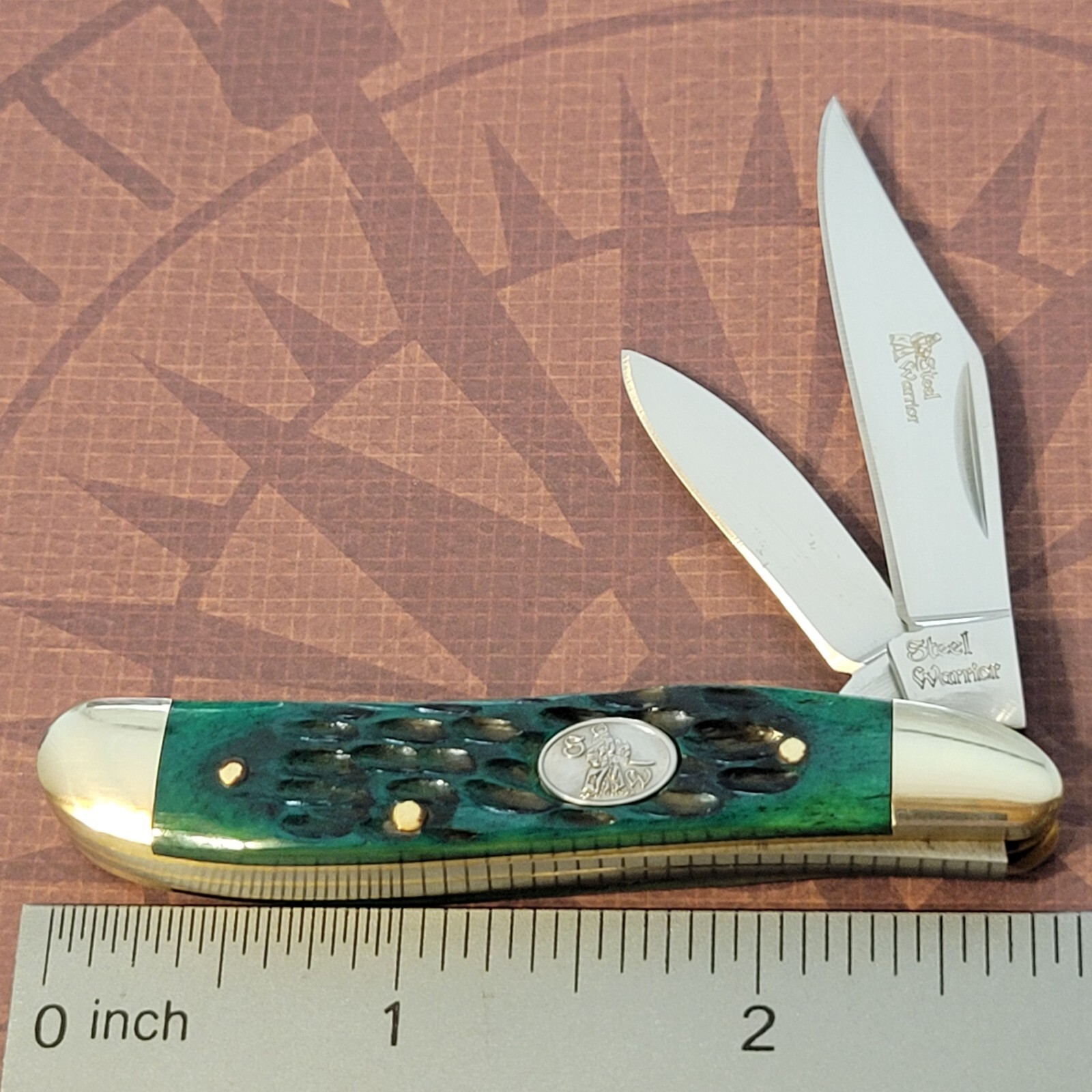STEEL WARRIOR Knife 2 Blade Peanut JADE Jigged BONE Handles