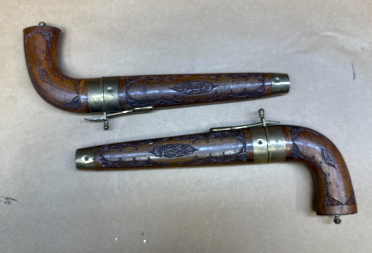 VERY RARE Knife Pair Carved Handles Matched Carved Wood Sheaths Brass Trim-INDIA