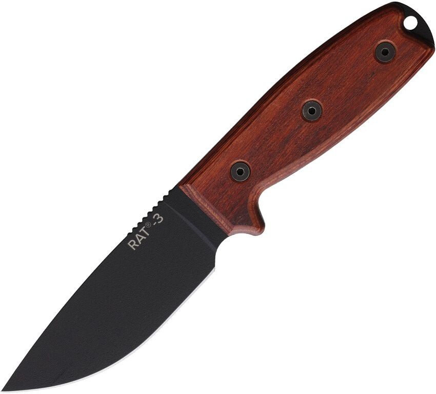 Ontario RAT 3 Fixed Knife 4″ Black High Carbon Steel Full Tang Blade Wood Handle