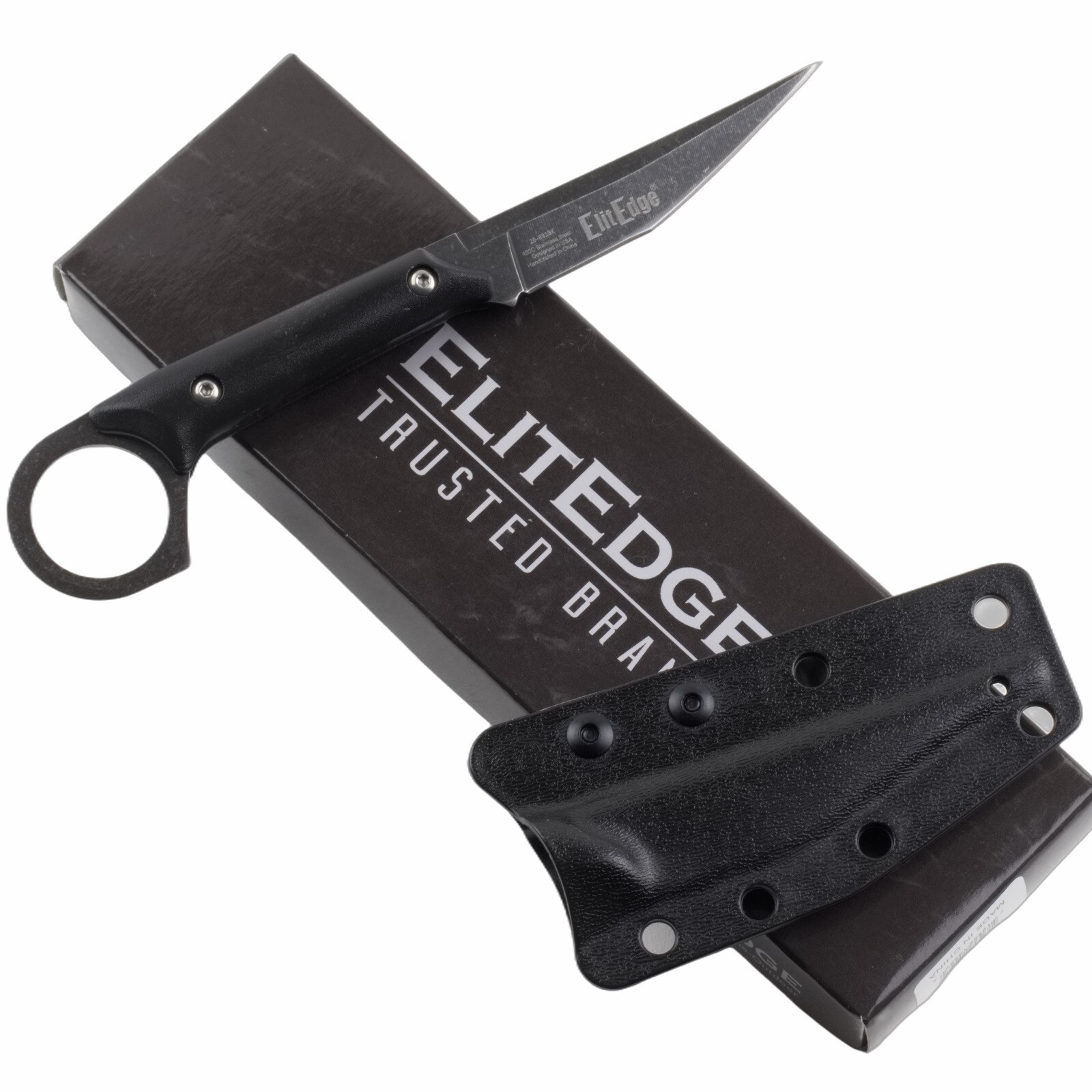 Elitedge Fixed Blade Knife Full Tang Finger Ring Black Sheath 7.5″ Overall