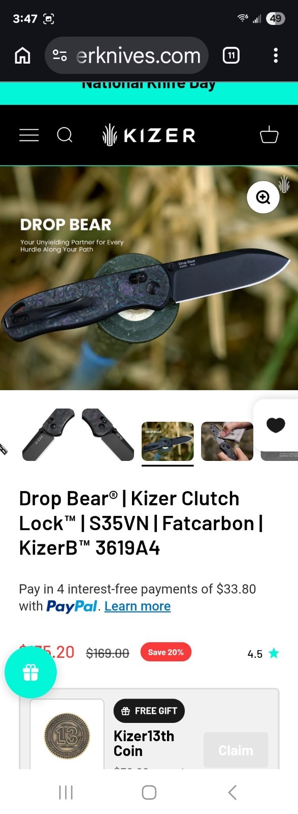 Kizer Drop Bear Pocketknife S35VN Drop Point Plain Clutch Lock Fatcarbon
