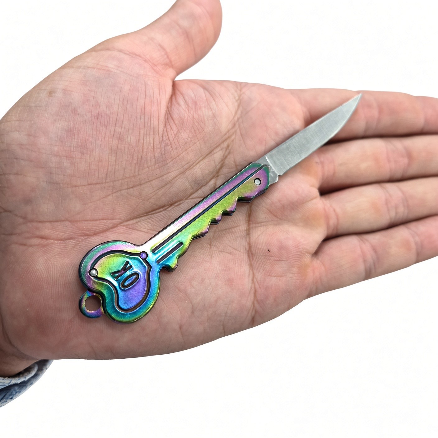 Rainbow Key Folding Knife – Novelty Pocket Knife with OK Design, ~5.5″ Open