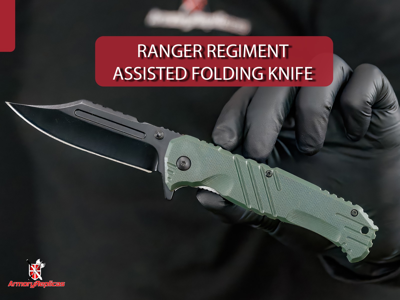 Ranger Assisted Tac Knife | Black Blade G-10 Green Composite Handle Clip Point