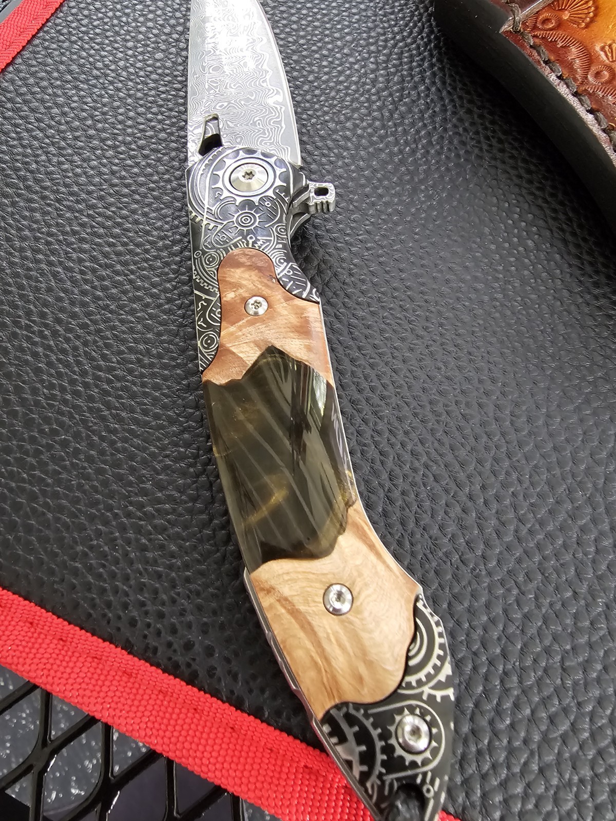Damascus Steel Pattern Folding Pocket Knife Wood Resin Handle Leather Sheath NEW